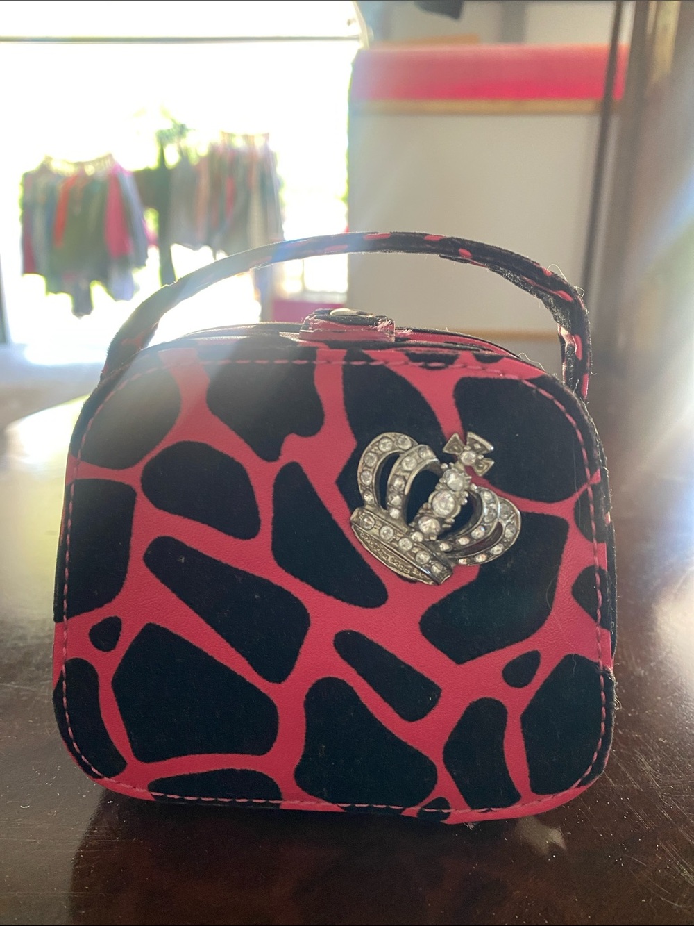 Y2KPink and Black Giraffe Print Mini jewlery holder travel case Rhinestone Crown